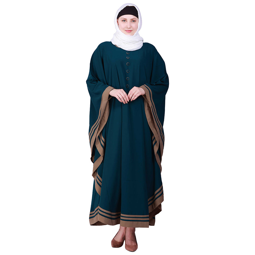 Beautiful Self Design Ramagreen Beige 3 Patti with 6 Button Kaftan Crepe Abaya or Burqa With Hijab for Women & Girls_0864