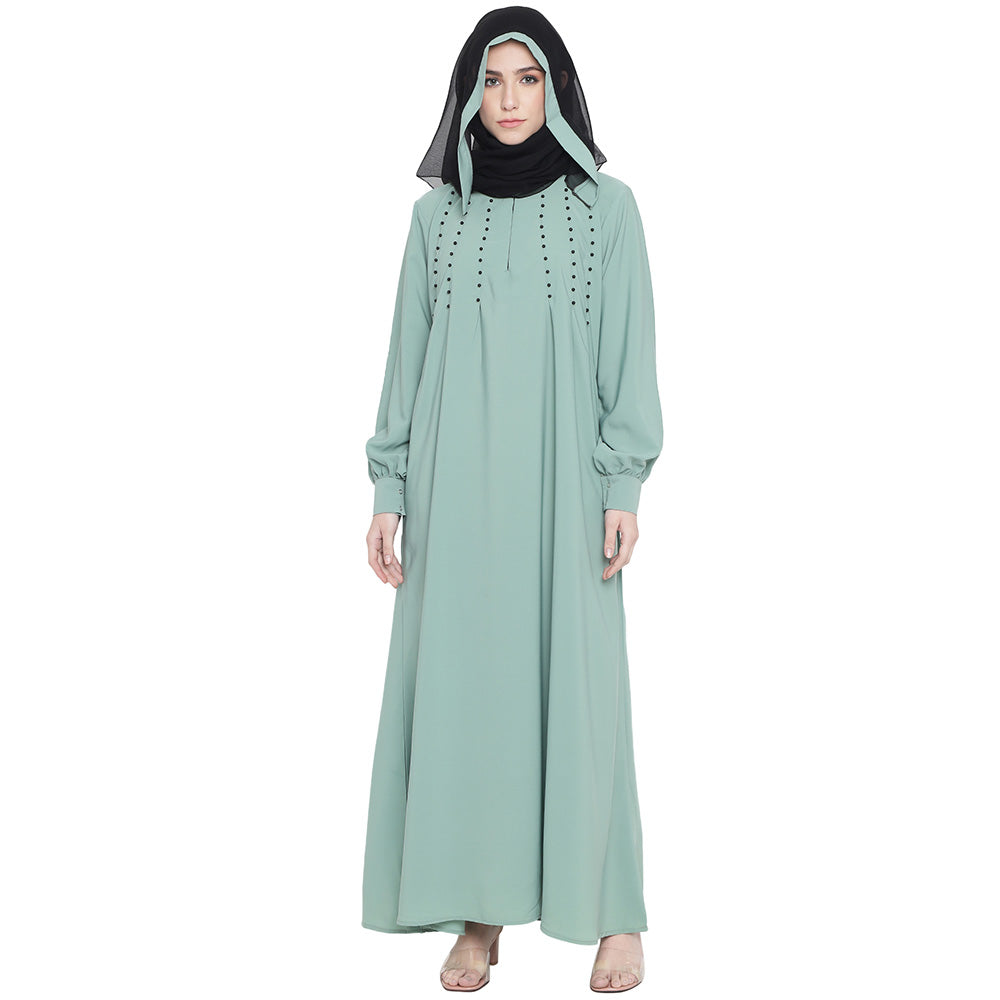 Beautiful Self Design Almond Green Black Moti Aline Crepe Abaya or Burqa With Hijab for Women & Girls_0868