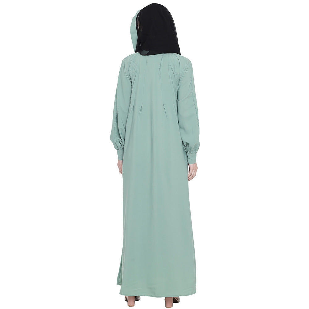 Beautiful Self Design Almond Green Black Moti Aline Crepe Abaya or Burqa With Hijab for Women & Girls_0868