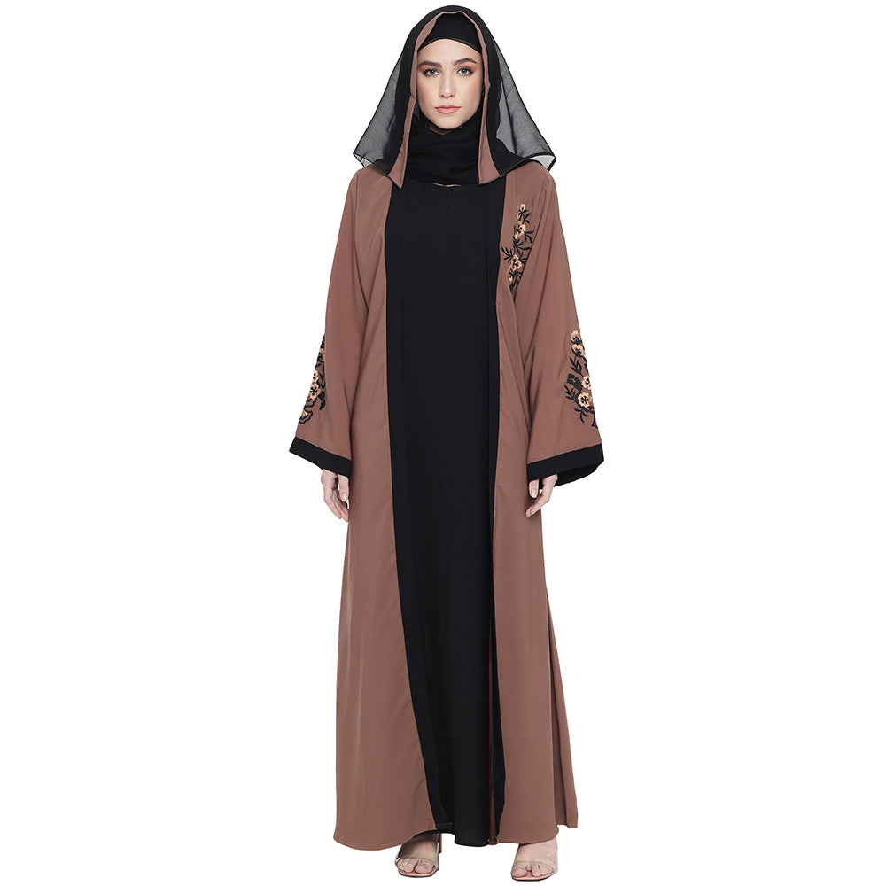 Beautiful Self Design Brown Black Sleeve Embroidery Shrug Crepe Abaya or Burqa With Hijab for Women & Girls_0869