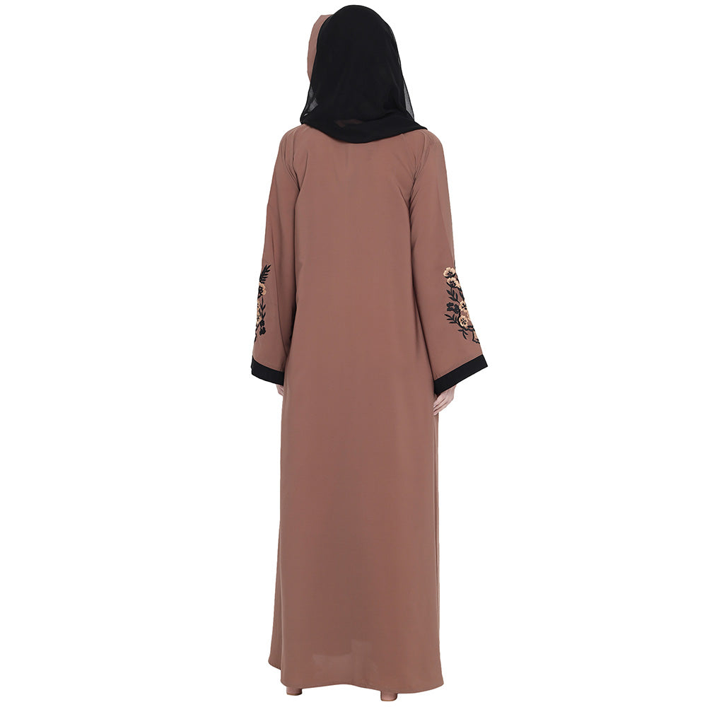 Beautiful Self Design Brown Black Sleeve Embroidery Shrug Crepe Abaya or Burqa With Hijab for Women & Girls_0869