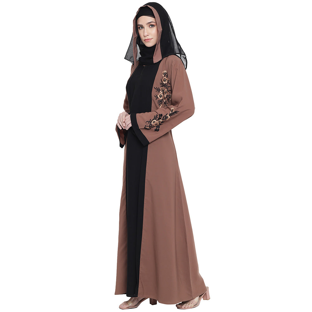 Beautiful Self Design Brown Black Sleeve Embroidery Shrug Crepe Abaya or Burqa With Hijab for Women & Girls_0869