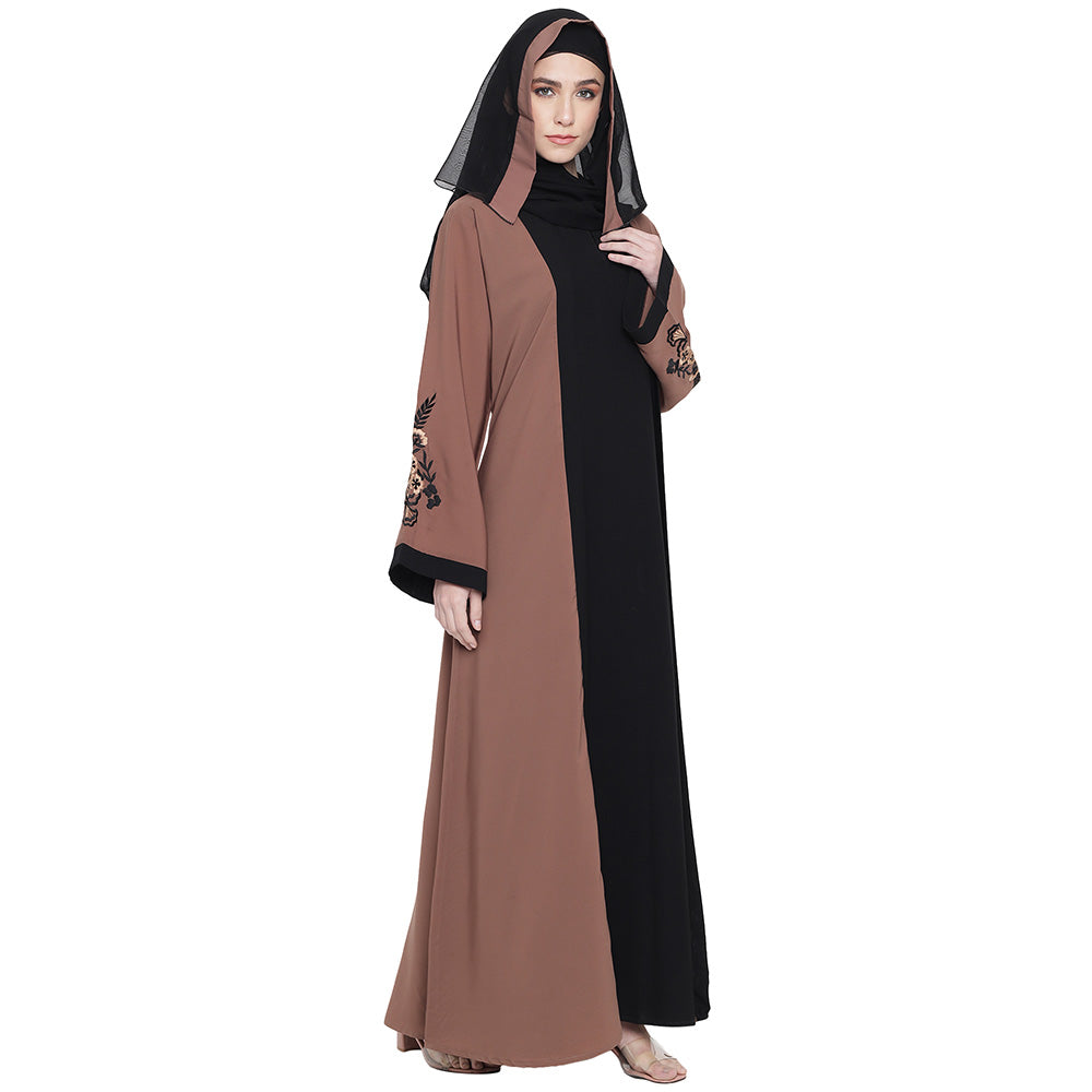 Beautiful Self Design Brown Black Sleeve Embroidery Shrug Crepe Abaya or Burqa With Hijab for Women & Girls_0869