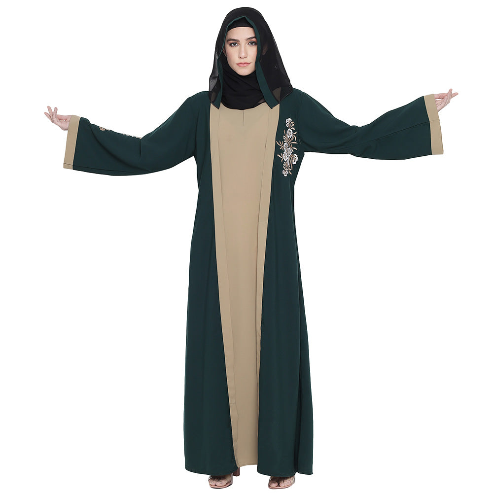 Beautiful Self Design Green Beige Sleeve Embroidery Shrug Crepe Abaya or Burqa With Hijab for Women & Girls_0870