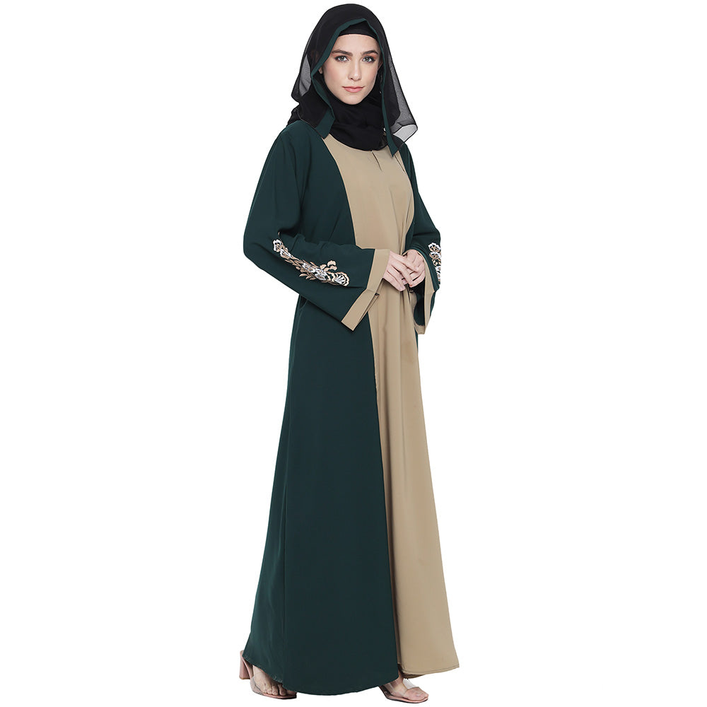 Beautiful Self Design Green Beige Sleeve Embroidery Shrug Crepe Abaya or Burqa With Hijab for Women & Girls_0870