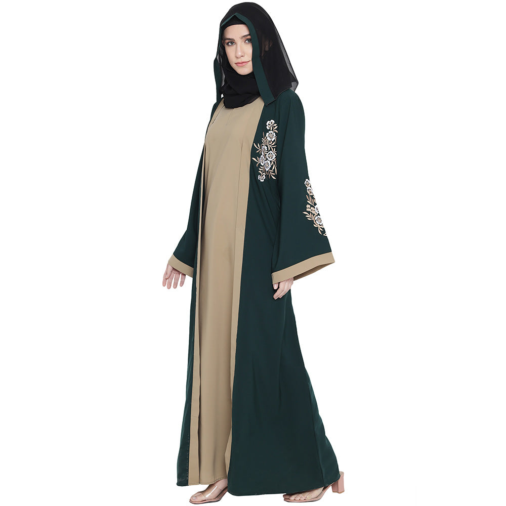 Beautiful Self Design Green Beige Sleeve Embroidery Shrug Crepe Abaya or Burqa With Hijab for Women & Girls_0870