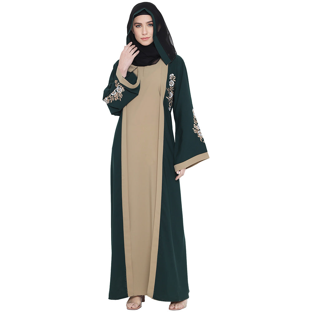 Beautiful Self Design Green Beige Sleeve Embroidery Shrug Crepe Abaya or Burqa With Hijab for Women & Girls_0870