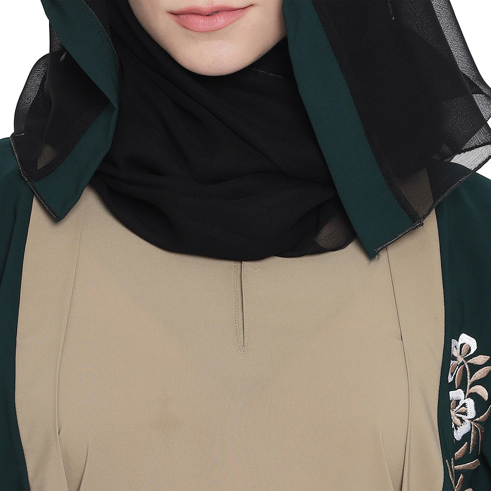Beautiful Self Design Green Beige Sleeve Embroidery Shrug Crepe Abaya or Burqa With Hijab for Women & Girls_0870
