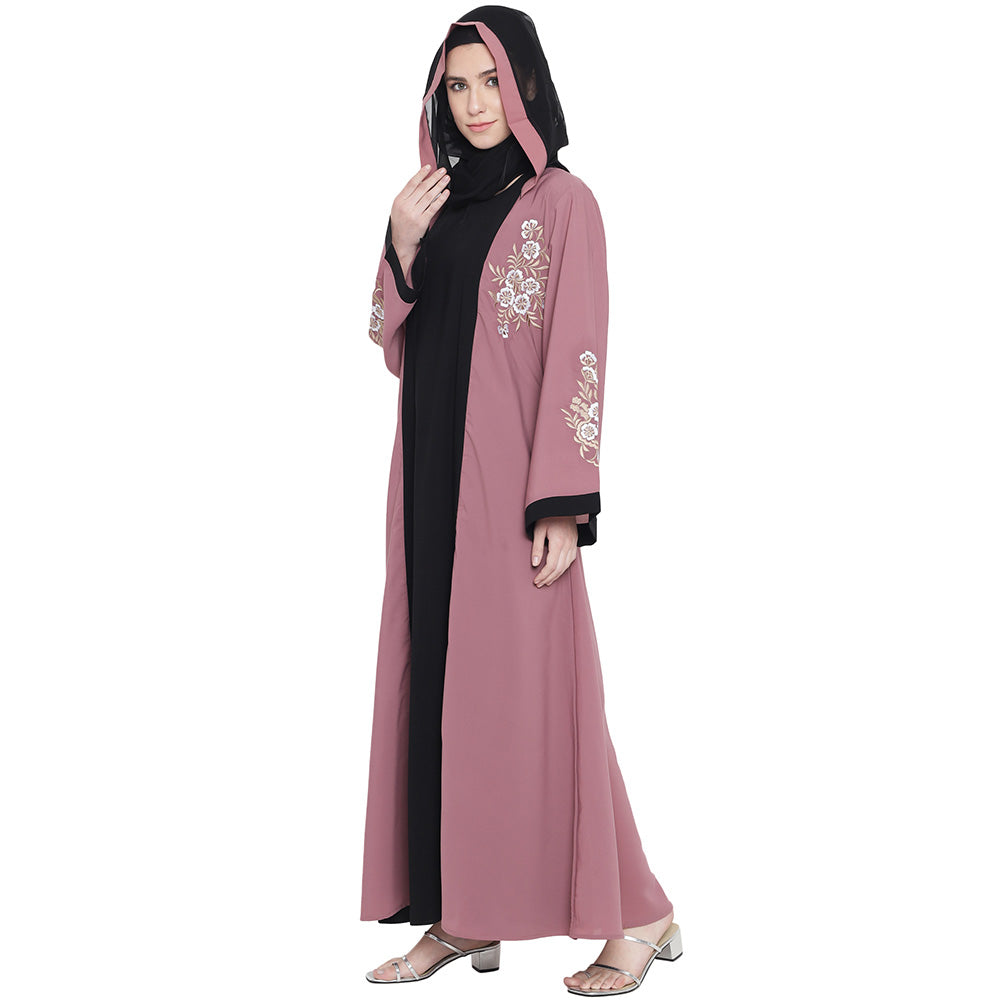 Beautiful Self Design Pink Black Sleeve Embroidery Shrug Crepe Abaya or Burqa With Hijab for Women & Girls_0871