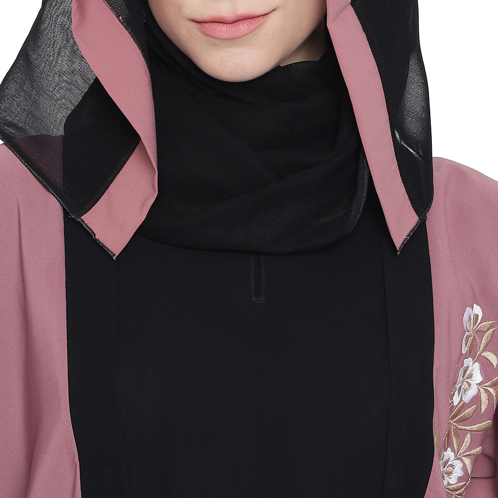 Beautiful Self Design Pink Black Sleeve Embroidery Shrug Crepe Abaya or Burqa With Hijab for Women & Girls_0871