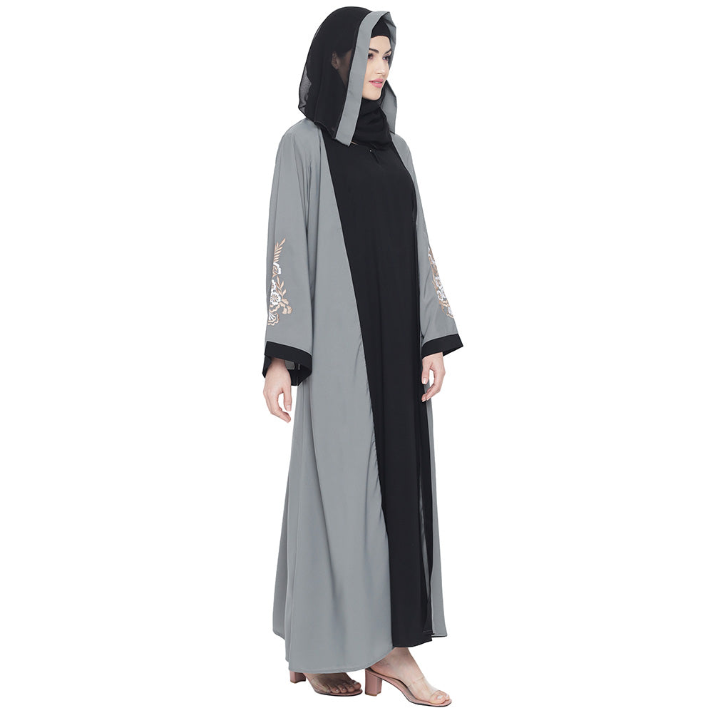 Beautiful Self Design Grey Black Sleeve Embroidery Shrug Crepe Abaya or Burqa With Hijab for Women & Girls_0872