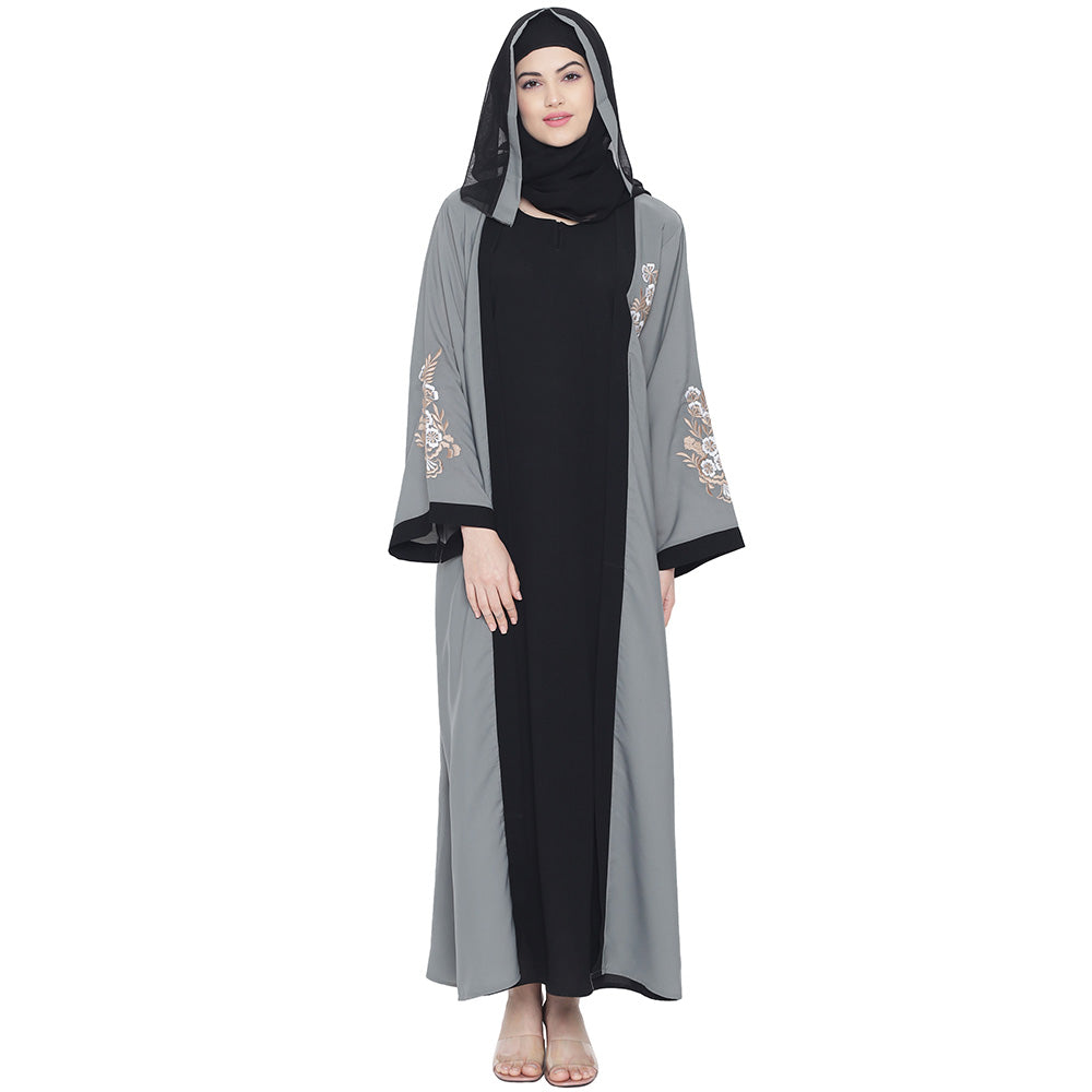 Beautiful Self Design Grey Black Sleeve Embroidery Shrug Crepe Abaya or Burqa With Hijab for Women & Girls_0872