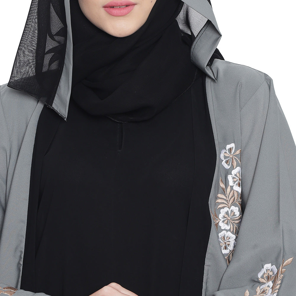 Beautiful Self Design Grey Black Sleeve Embroidery Shrug Crepe Abaya or Burqa With Hijab for Women & Girls_0872