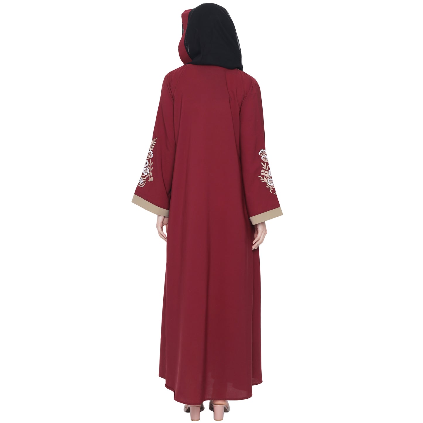 Beautiful Self Design Maroon Beige Sleeve Embroidery Shrug Crepe Abaya or Burqa With Hijab for Women & Girls_0873