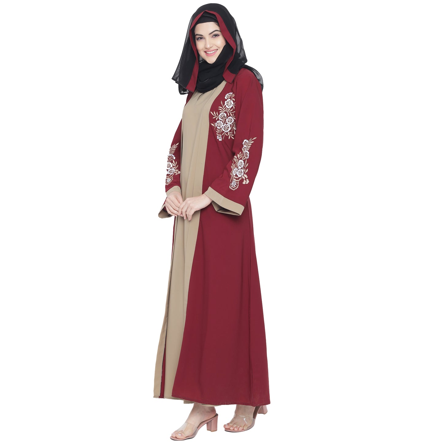 Beautiful Self Design Maroon Beige Sleeve Embroidery Shrug Crepe Abaya or Burqa With Hijab for Women & Girls_0873