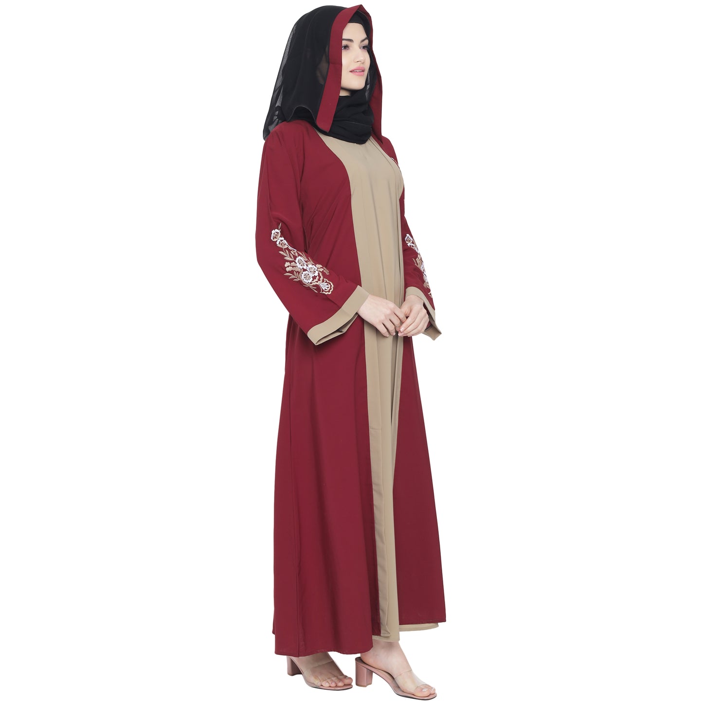 Beautiful Self Design Maroon Beige Sleeve Embroidery Shrug Crepe Abaya or Burqa With Hijab for Women & Girls_0873