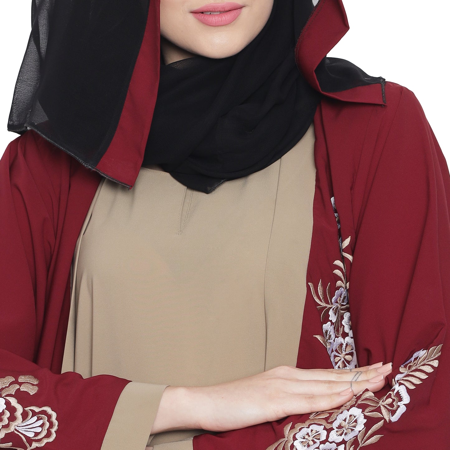 Beautiful Self Design Maroon Beige Sleeve Embroidery Shrug Crepe Abaya or Burqa With Hijab for Women & Girls_0873