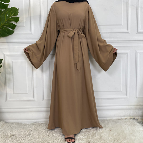 Plain Abaya with Belt and Large Sleeve Dark Beige Color with Dupatta in Firdous Material