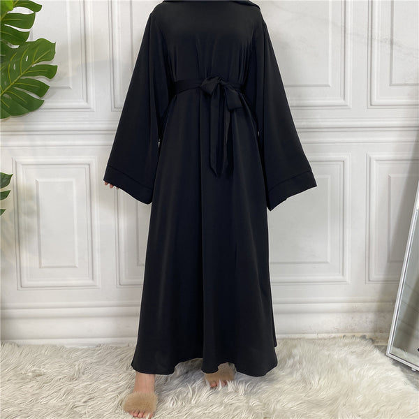 Plain Abaya with Belt and Large Sleeve Dark Black Color with Dupatta in Firdous Material