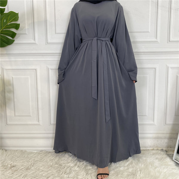 Plain Abaya with Belt and Large Sleeve Grey Color with Dupatta in Firdous Material