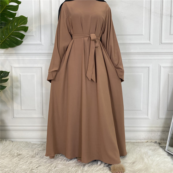 Plain Abaya with Belt and Large Sleeves Light Brown Color with Dupatta in Firdous Material