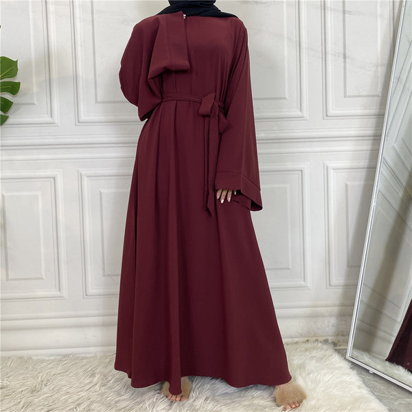 Plain Abaya with Belt and Large Sleeves Maroon Color with Dupatta in Firdous Material