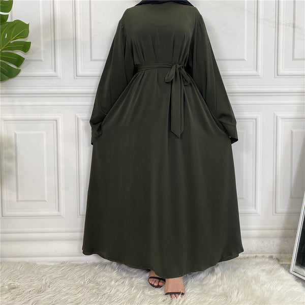 Plain Abaya with Belt and Large Sleeves Mehandi / Green Color with Dupatta in Firdous Material