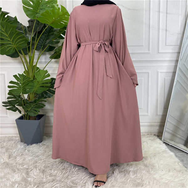 Plain Abaya with Belt and Large Sleeves Pink Color with Dupatta in Firdous Material