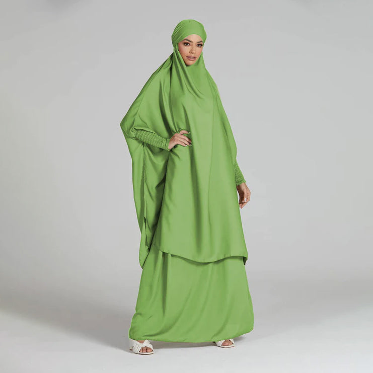 Luxury Two Piece Knee Length Jilbab Khimar Style Abaya and Skirt with Chunnat Slevees/Dolman Sleeves Parrot Green Color| Tie Back Burkha Jilbab Khimar Style Abaya Hijab Niqab Islamic Modest Wear