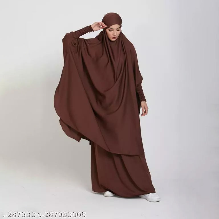 Luxury Two Piece Knee Length Jilbab Khimar Style Abaya and Skirt with Chunnat Slevees/Dolman Sleeves Coffe Brown Color| Tie Back Burkha Jilbab Khimar Style Abaya Hijab Niqab Islamic Modest Wear