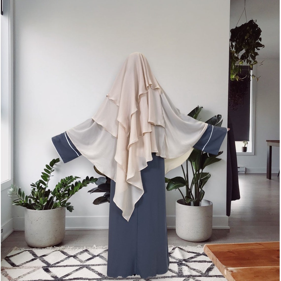 Khimar : 3 Layer Triangular Diamond Instant Khimar-Hijab-Jilbab for Girls & Women in Beige Color | Tie Back Burkha Jilbab Khimar Style Abaya Hijab Niqab Islamic Modest Wear