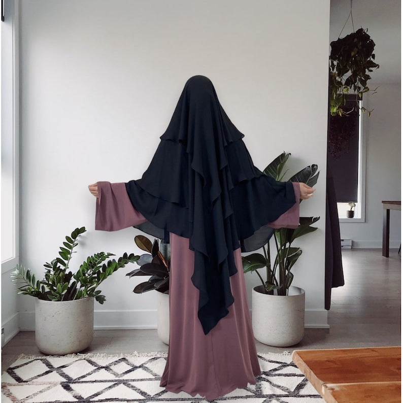 Khimar : 3 Layer Triangular Diamond Instant Khimar-Hijab-Jilbab for Girls & Women in Black Color | Tie Back Burkha Jilbab Khimar Style Abaya Hijab Niqab Islamic Modest Wear