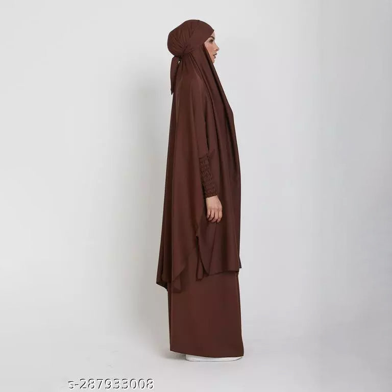 Luxury Two Piece Knee Length Jilbab Khimar Style Abaya and Skirt with Chunnat Slevees/Dolman Sleeves Coffe Brown Color| Tie Back Burkha Jilbab Khimar Style Abaya Hijab Niqab Islamic Modest Wear