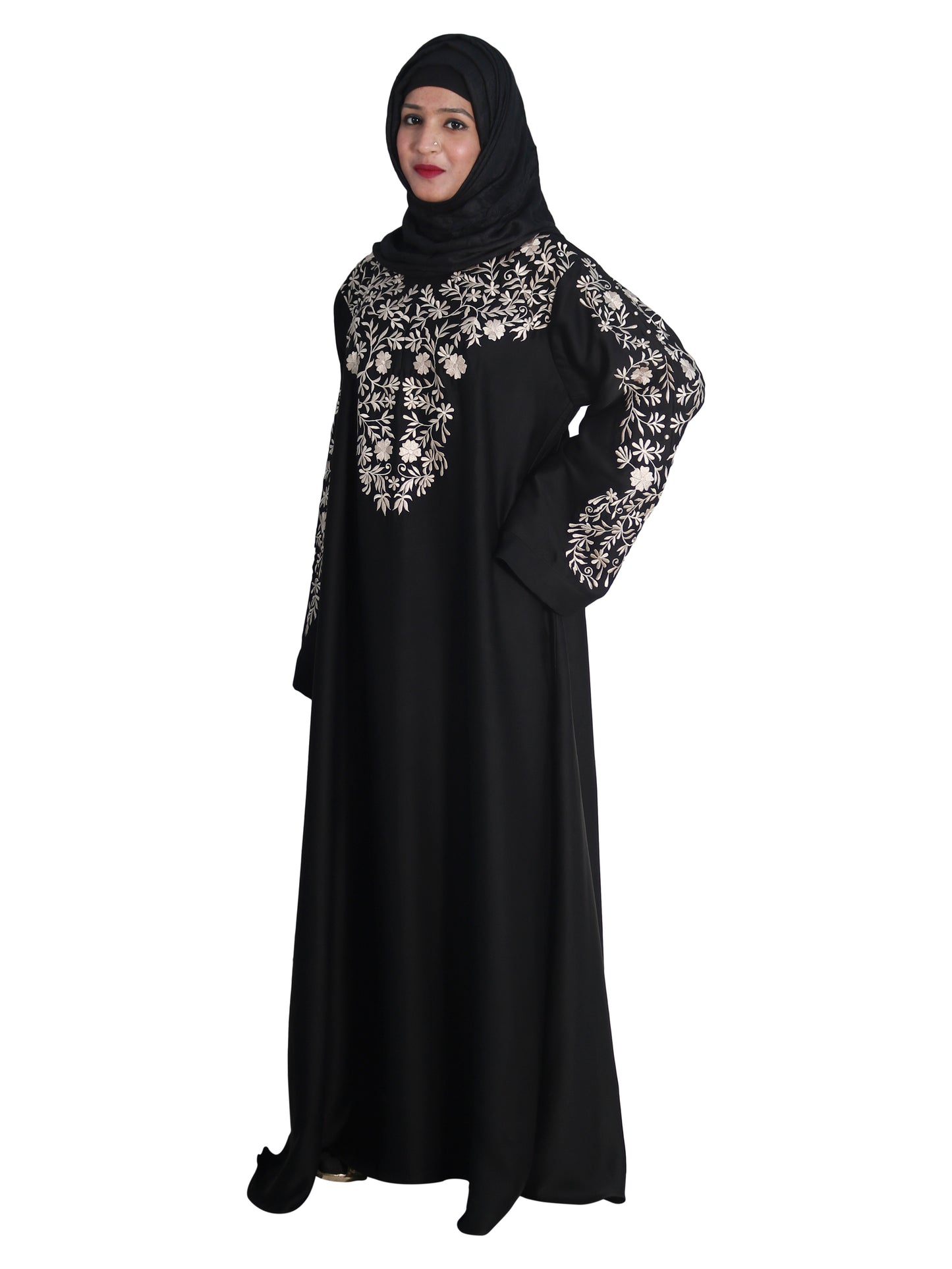 Beautiful Self Design Black Embroidered Art Silk Abaya With Hijab_0601