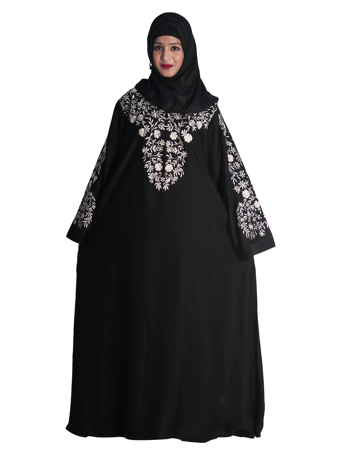 Beautiful Self Design Black Embroidered Art Silk Abaya With Hijab_0601