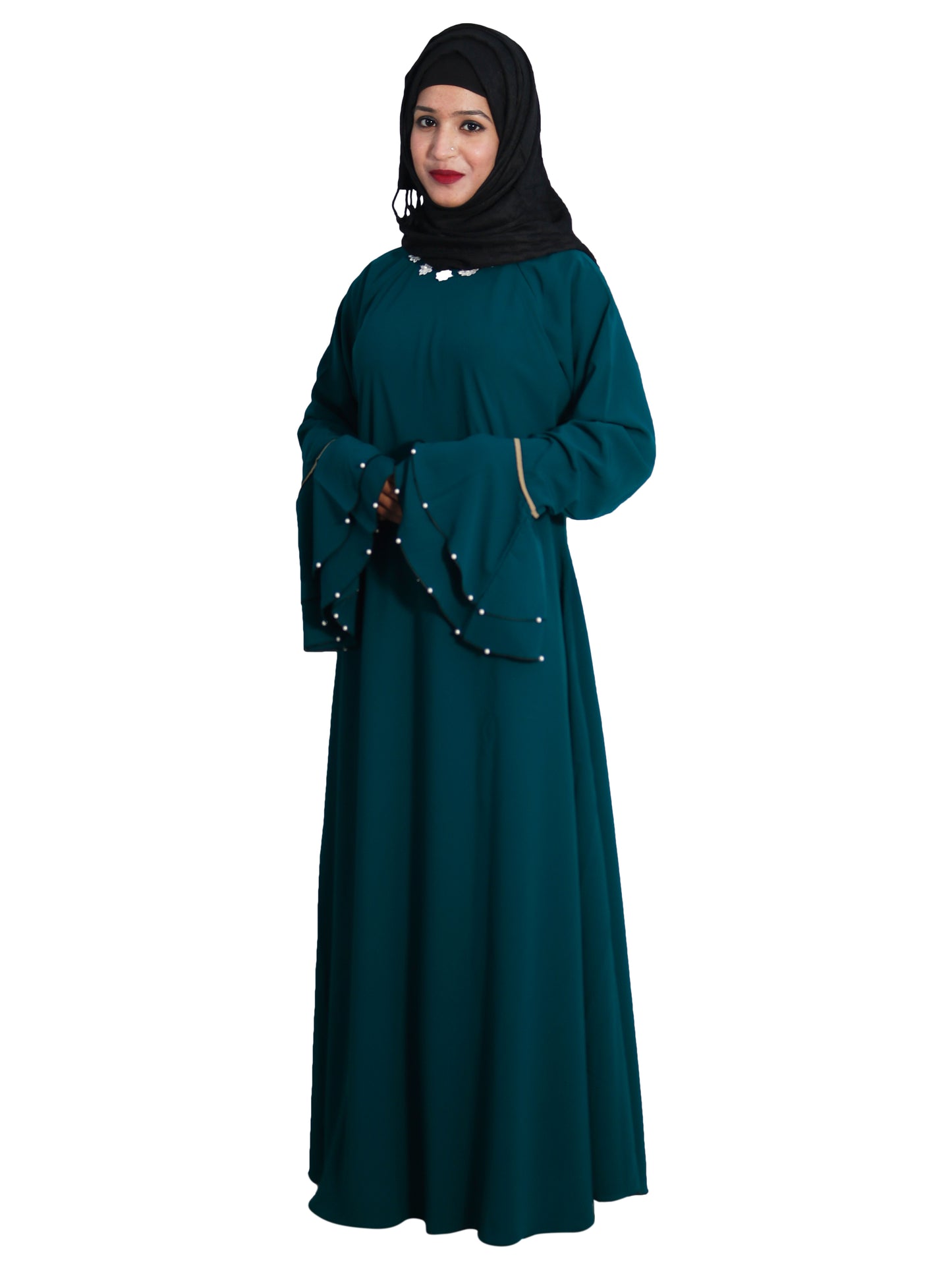 Beautiful Self Design Rama Green Frill Flower Crepe Abaya Without Hijab_0610