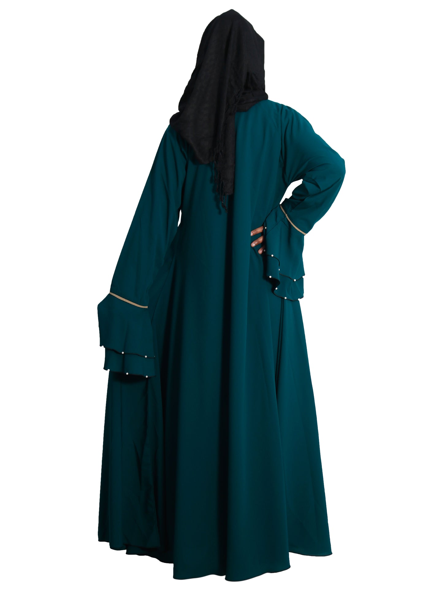Beautiful Self Design Rama Green Frill Flower Crepe Abaya Without Hijab_0610