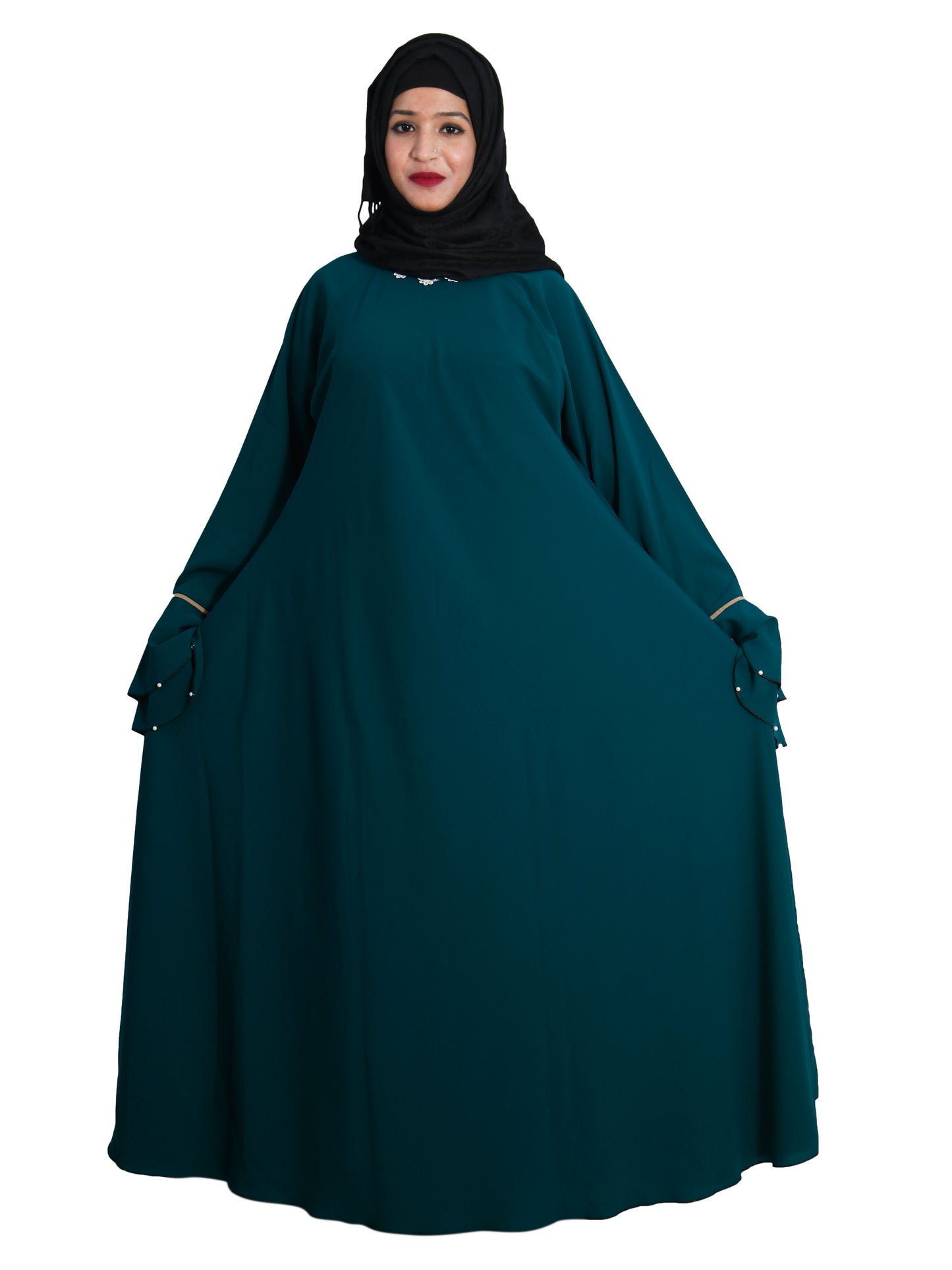 Beautiful Self Design Rama Green Frill Flower Crepe Abaya Without Hijab_0610