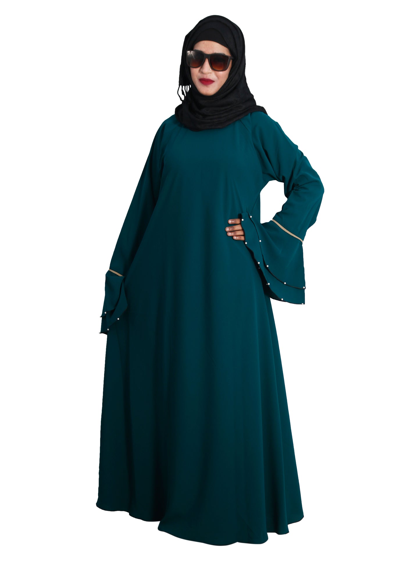 Beautiful Self Design Rama Green Frill Flower Crepe Abaya Without Hijab_0610