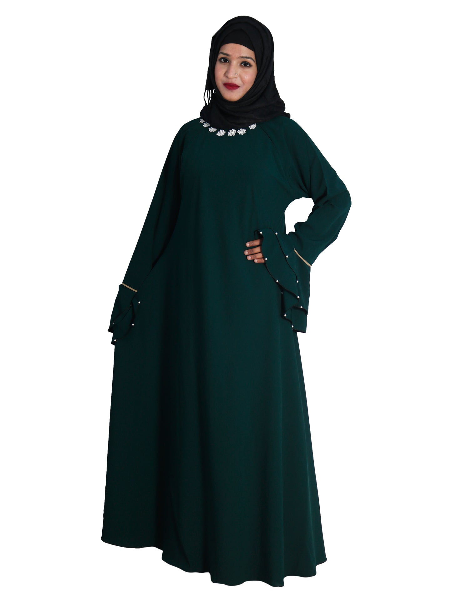 Beautiful Self Design Bottle Green Frill Flower Crepe Abaya With Hijab_0611