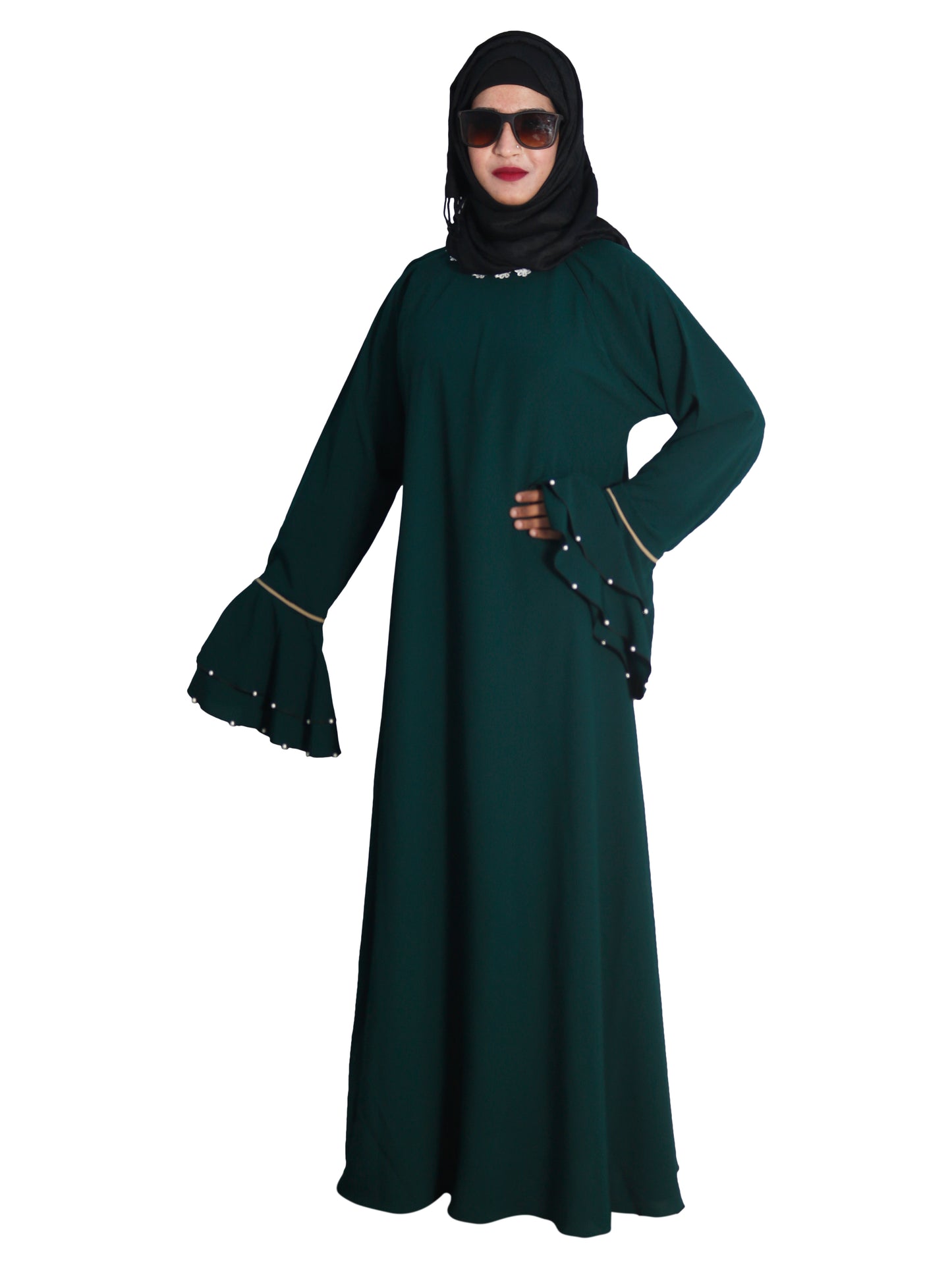 Beautiful Self Design Bottle Green Frill Flower Crepe Abaya With Hijab_0611
