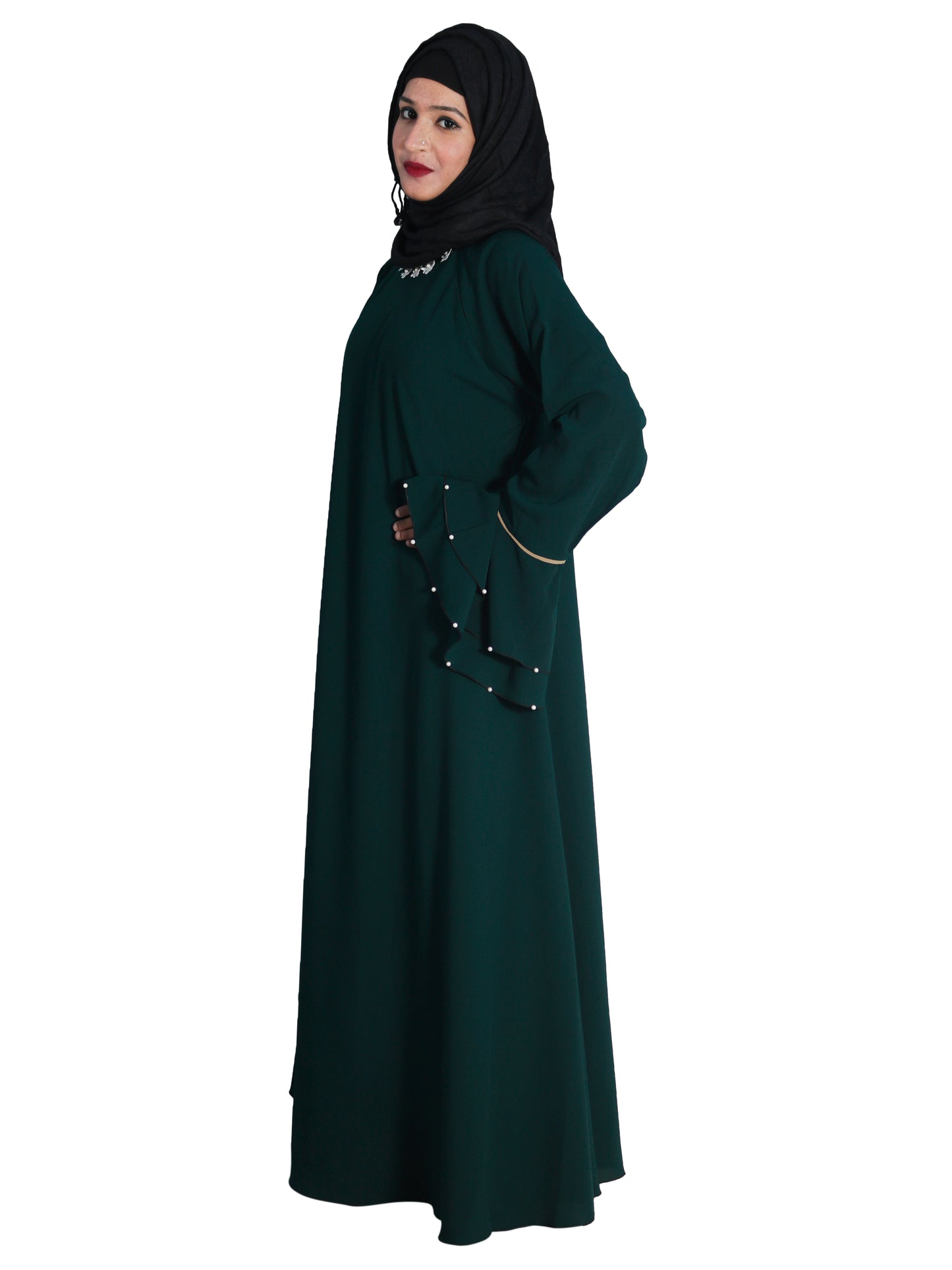 Beautiful Self Design Bottle Green Frill Flower Crepe Abaya With Hijab_0611