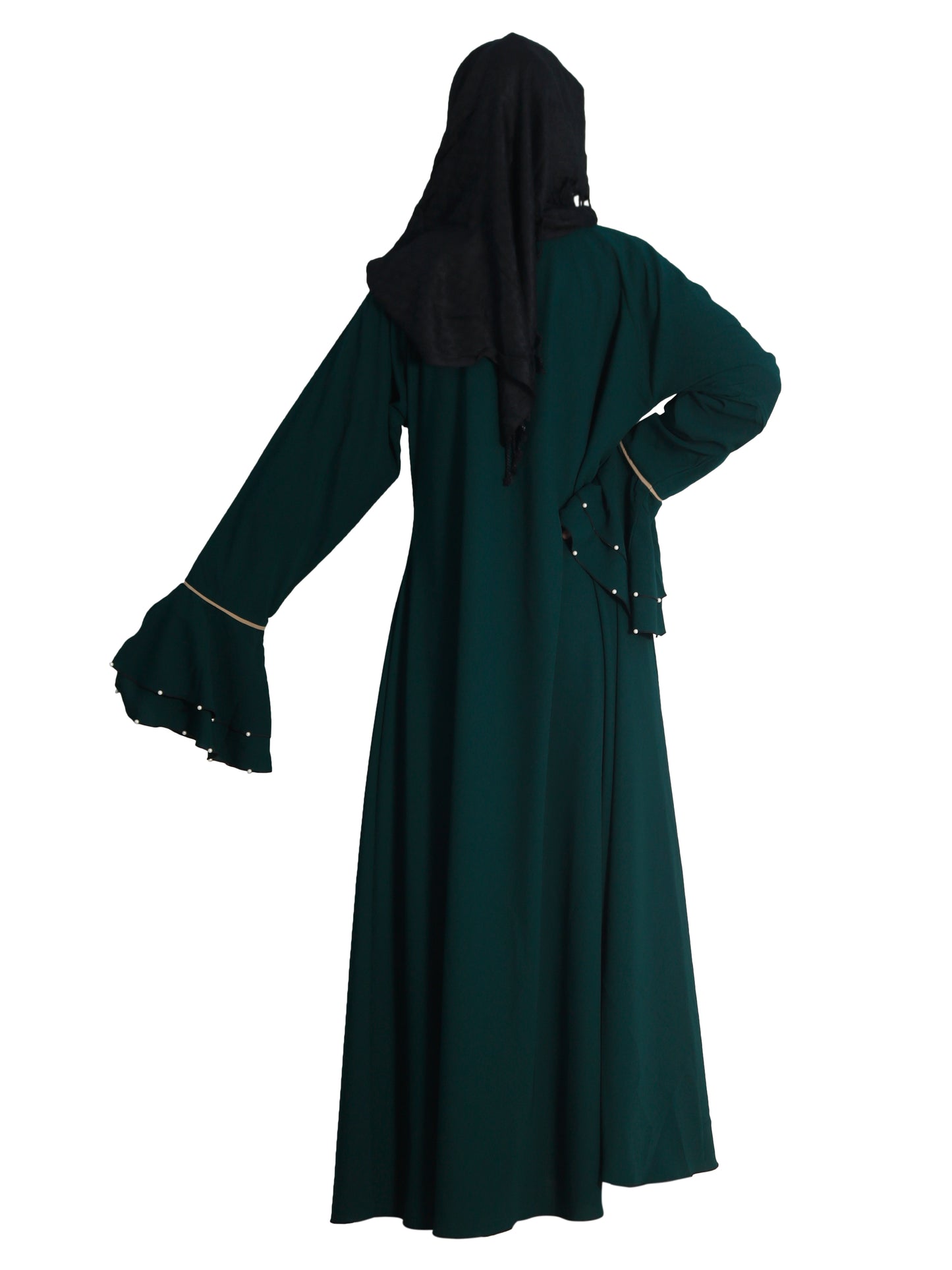 Beautiful Self Design Bottle Green Frill Flower Crepe Abaya With Hijab_0611