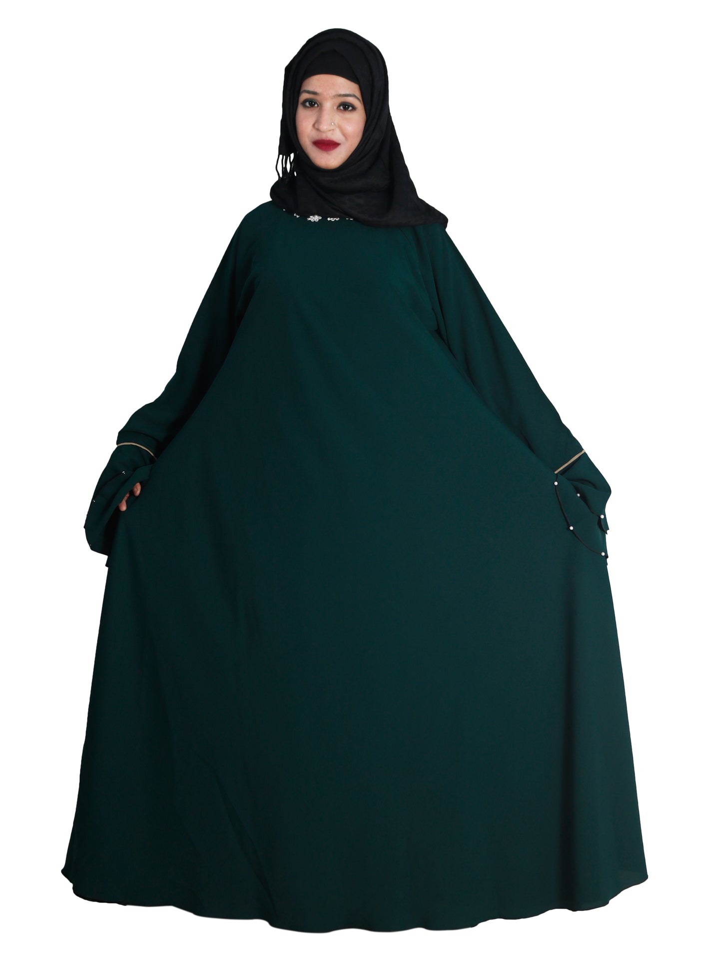 Beautiful Self Design Bottle Green Frill Flower Crepe Abaya With Hijab_0611