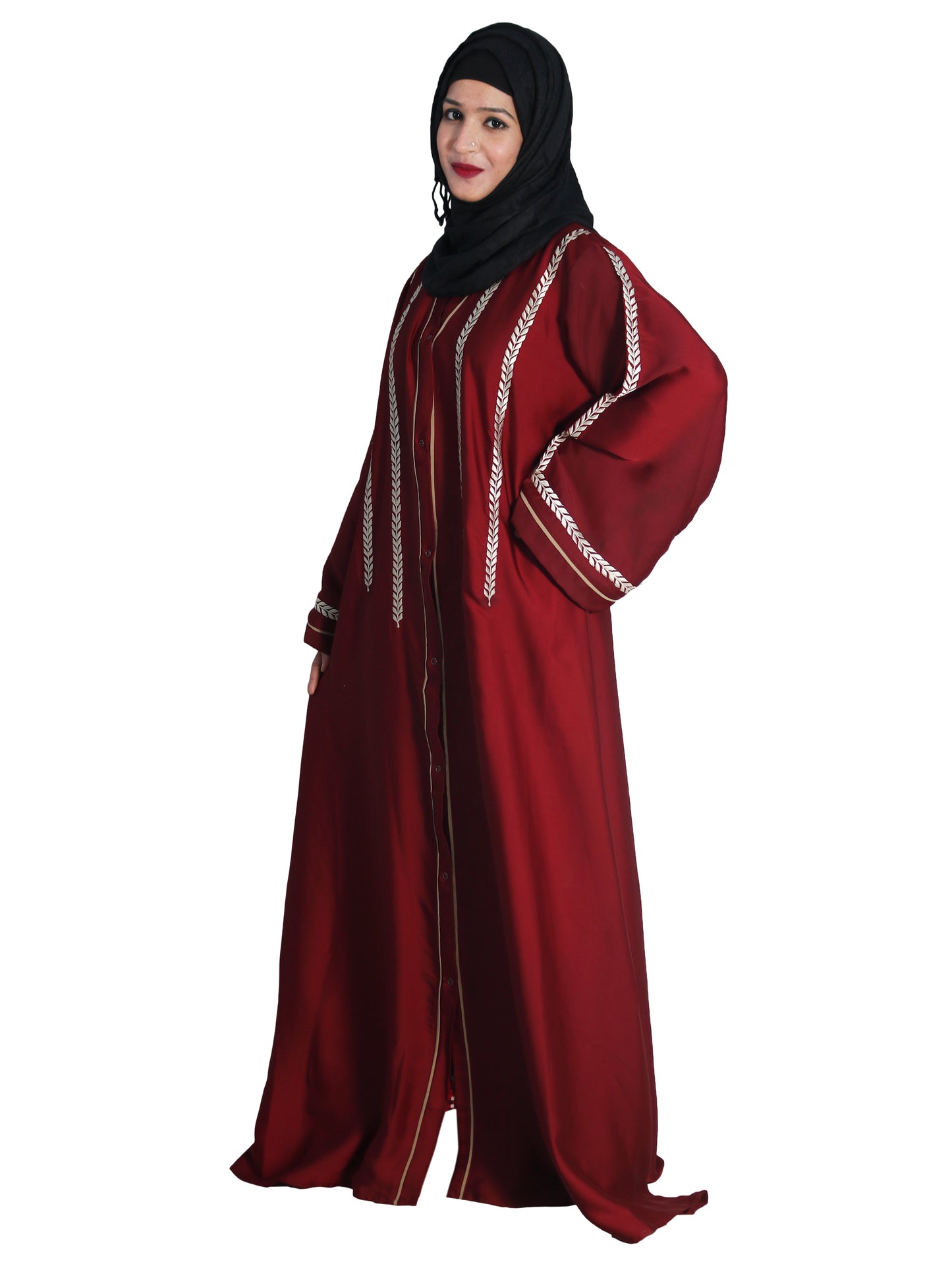 Beautiful Self Design Maroon Front Open Embroidered Art Silk Abaya With Hijab_0613