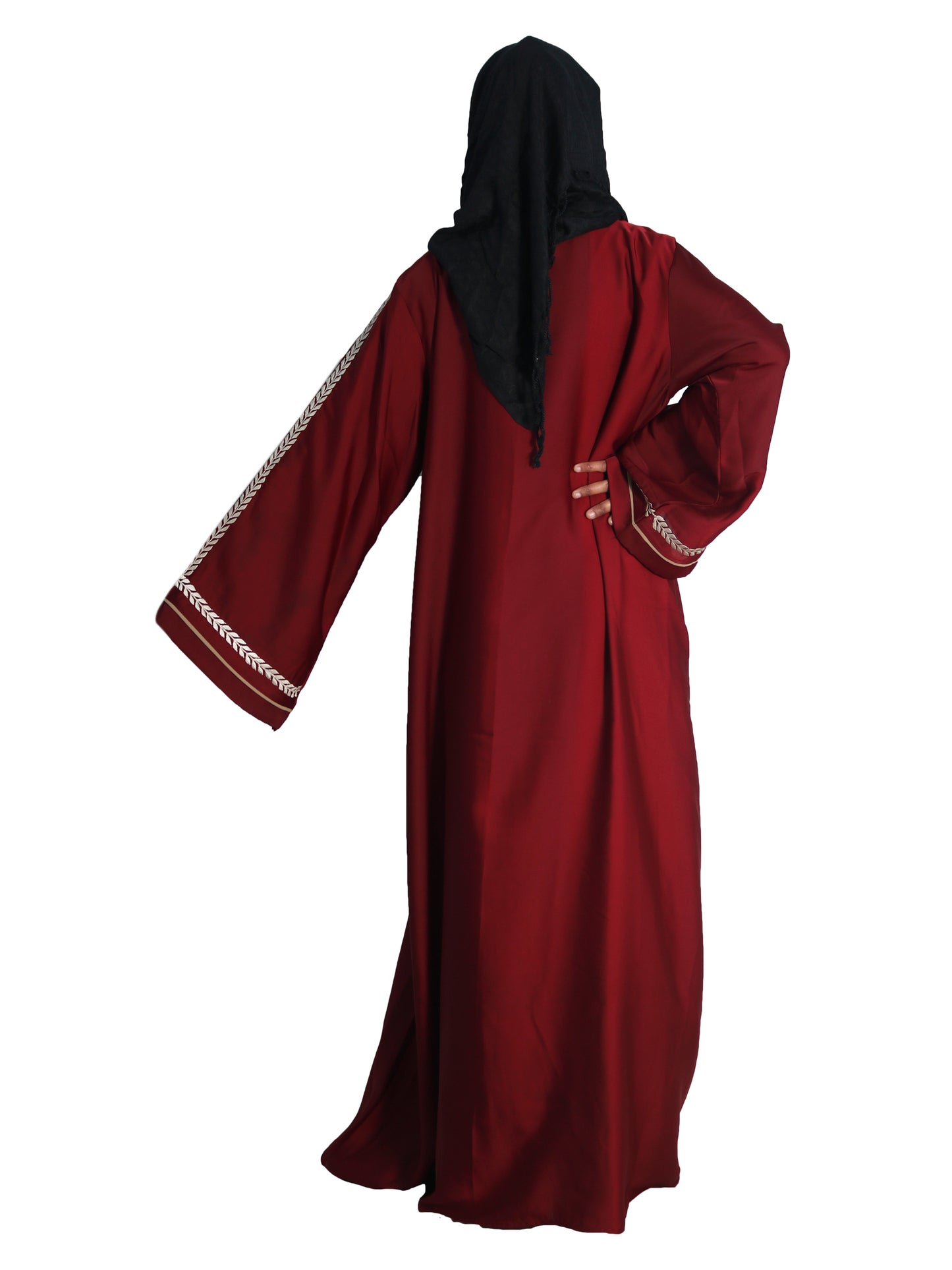Beautiful Self Design Maroon Front Open Embroidered Art Silk Abaya With Hijab_0613