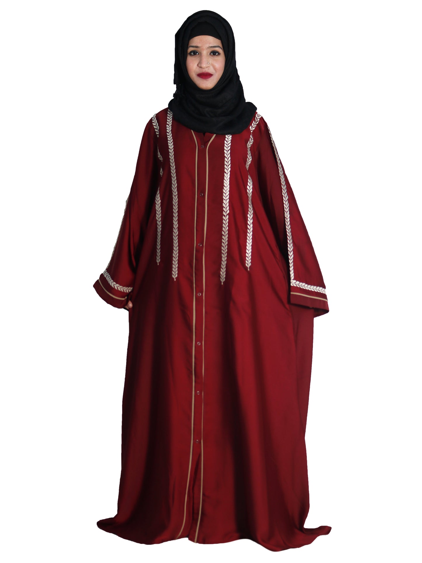 Beautiful Self Design Maroon Front Open Embroidered Art Silk Abaya With Hijab_0613