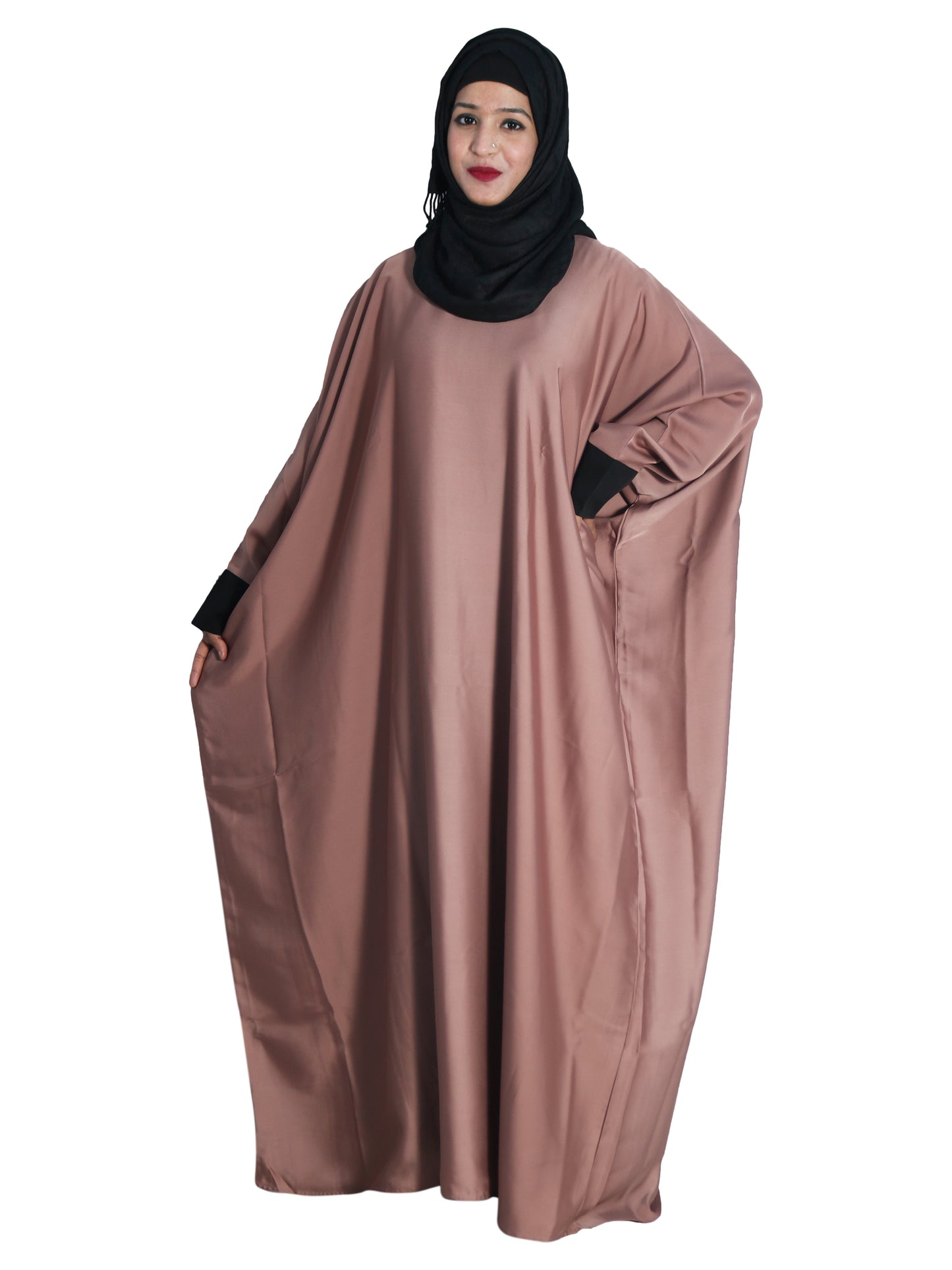 Beautiful Self Design Beige Kaftan Art Silk Abaya With Hijab_0614