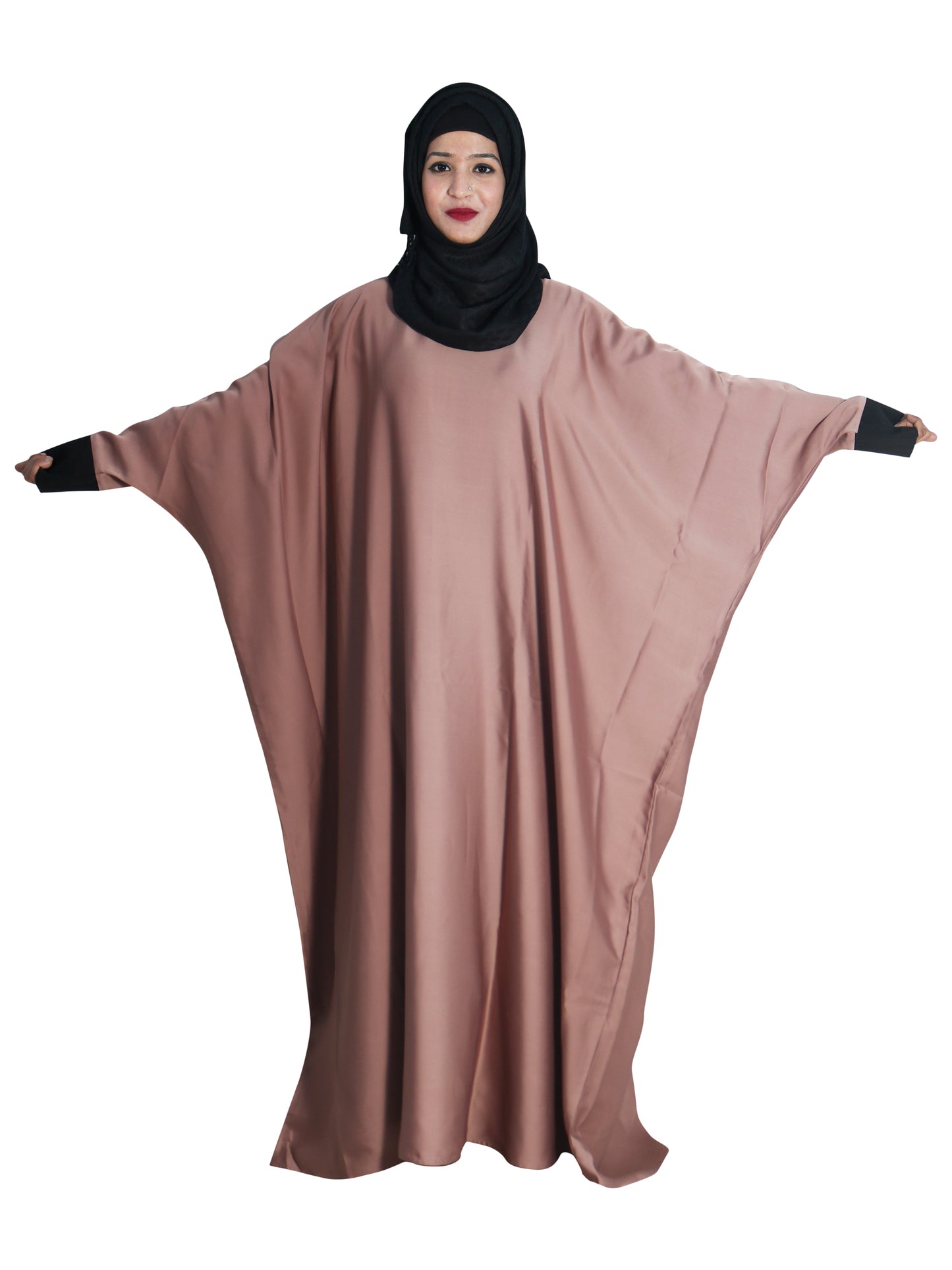 Beautiful Self Design Beige Kaftan Art Silk Abaya With Hijab_0614