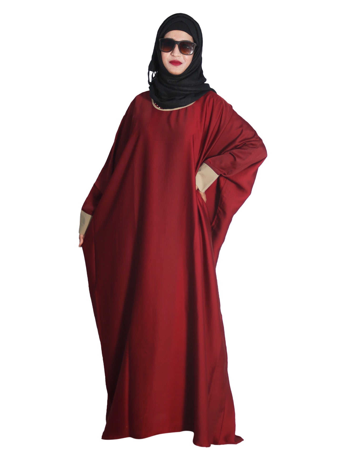 Beautiful Self Design Maroon Kaftan Art Silk Abaya With Hijab_0615